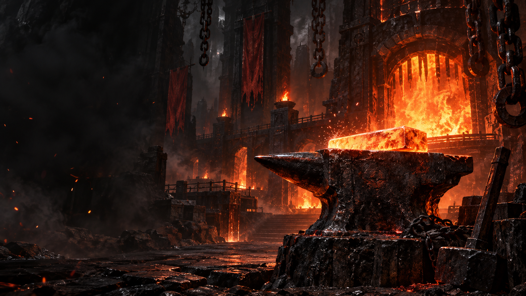 A glowing metal ingot on a massive iron anvil, illuminated by a roaring furnace in a dark stone forge
